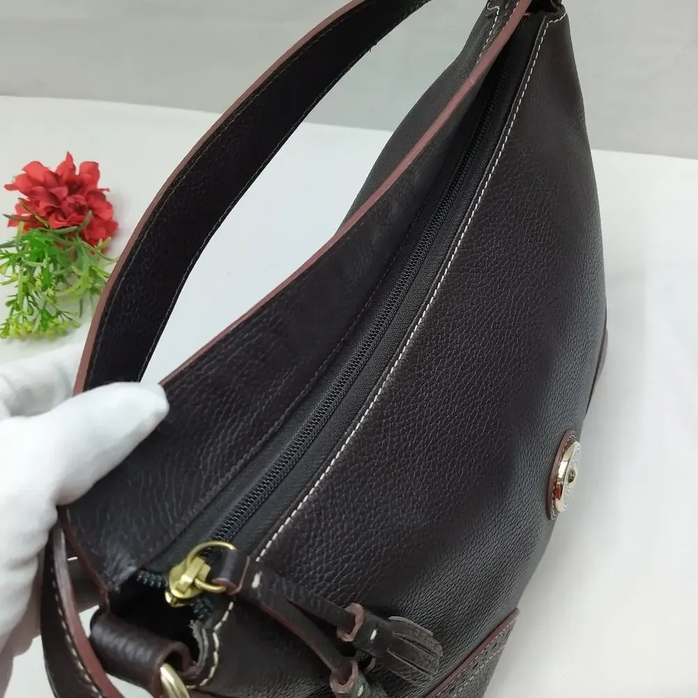 Dooney & Bourke Brown Pebbled Leather Round Logo Zipper Hobo Shoulder Bag